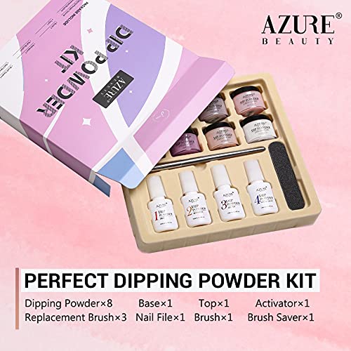 Dip Powder Nail Kit Starter with 8 Colors, AZUREBEAUTY Nude Glitter Brown Acrylic Dipping Powder Starter System Essential Kit for French Nail Manicure Nail Art Set