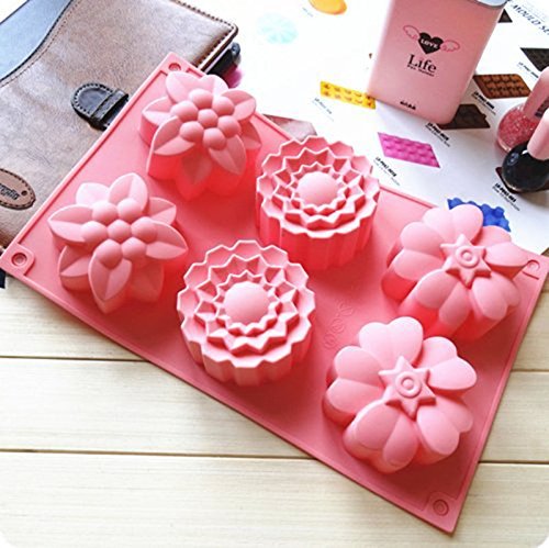 Kakasogo 2 PCS 6 Cavity Assorted Flower Shapes Silicone Soap Mold for Handmade DIY Cake Chocolate Cupcake Biscuit Bath Bomb Bread Muffin Candle Ice Cube Making Mould Tool Set(Pink and Purple)