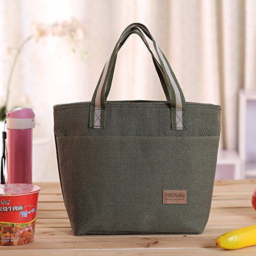 Ecokaki(TM) Canvas Lunch Bag Tote Insulated Cooler Travel Picnic Box Storage Bag Lunch Kit, Army Green-Small
