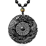 MOHICO Dragon Obsidian Pendant Necklace, Dragon and Phoenix Natural Obsidian Crystal Pendant Necklace Pattern with Extend Bead Chain for Men or Women, Black Elegant Round