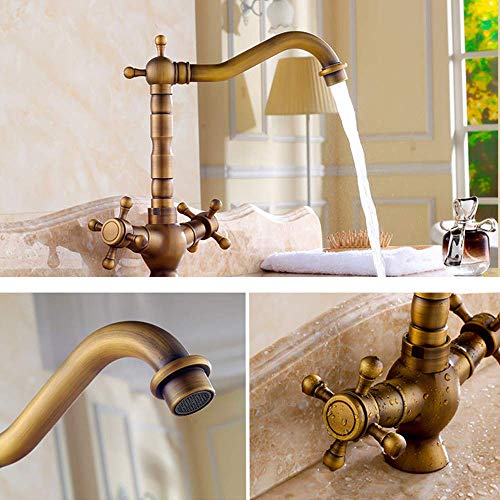 Vintage Kitchen Sink Tap, 360° Rotatable Brass Bathroom Sink Mixer Tap, Double Handle Bathroom Tap, Hot and Cold Tap, with Flexible Hose, Durable Design