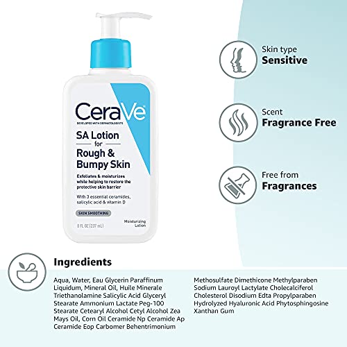 CERAVE SA LOTION FOR ROUGH & BUMPY SKIN, VITAMIN D, HYALURONIC ACID, LACTIC ACID & SALICYLIC ACID LOTION, FRAGRANCE FREE & ALLERGY TESTED, 8 OUNCE