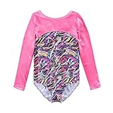 Kids Sparkle Spliced Painted pattern Athletic Gymnastics Long Sleeve Leotards for Girls 5-14 Years