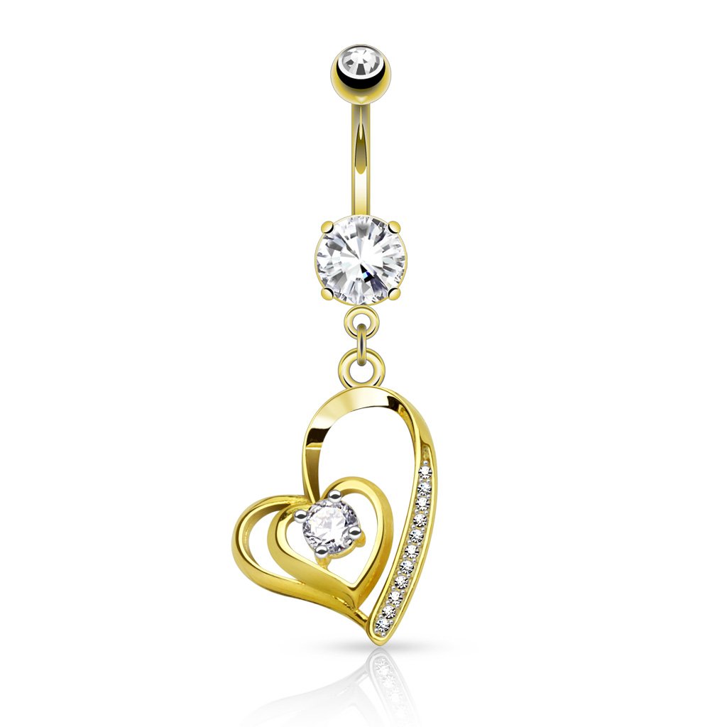 PiercedOff 316L Surgical Steel IP Gold Tone Belly Bar with Clear CZ Dangle Double Heart - Thickness 14GA (1.6mm) / Length 10mm / Ball Size 5mm / Bottom Gem 7m / Heart 15 x 16mm