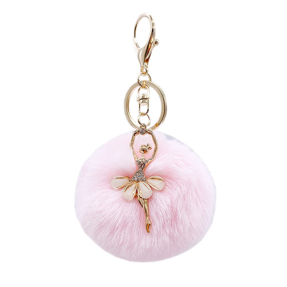 Shining crown Ballet Girl Keychain, Pink, 8cm Fluffy Keyring with Rhinestone