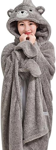 BabYoung Winter Women Robes Flannel Shawl Kimono Bath Long Sleeve Hooded Cartoon Gray Bear Cosplay Warm Bathrobe Sun Blanket