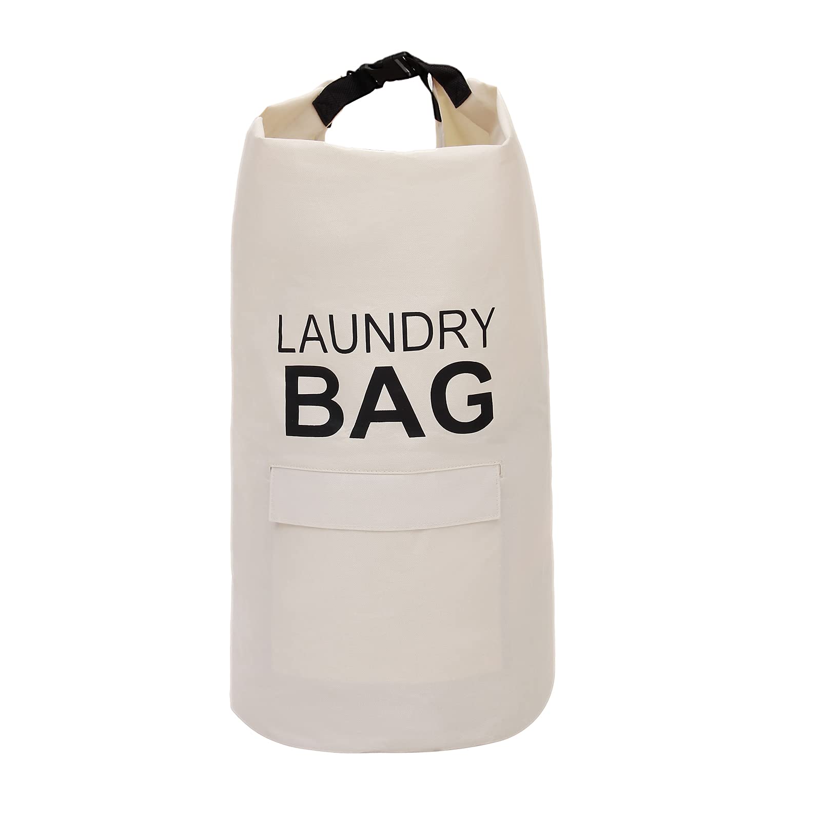 IHOMAGIC 71L Hanging Laundry Hamper Backpack with Adjustable Shoulder Straps, Foldable Laundry Basket with Handle and Pocket - Dirty Clothes Storage Bag for Travel, Laundromat, Apartment (Beige)