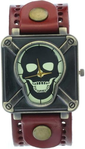 Ghost Rider Copper Skeleton Skull Dial Men boys Red Wide Belt Cow Leather Wide Strap Cool Watches