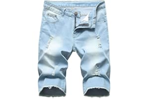 PASOK Men's Casual Denim Shorts Distressed Stretchy Jeans Shorts Ripped Short Pants