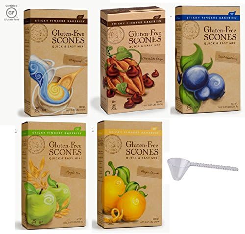 Sticky Fingers Bakeries Gluten-Free Scone Mixes: Original, Chocolate Chip, Wild Blueberry, Apple Oat, Meyer Lemon Variety 5 Pack With Scoop