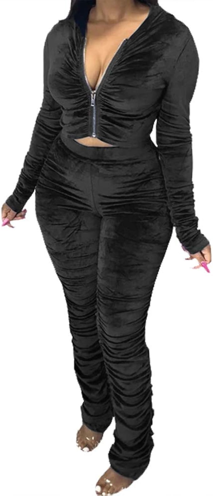 Women Velvet Crushed Velour Tracksuit Long Sleeve Hooded Zipper Jogging