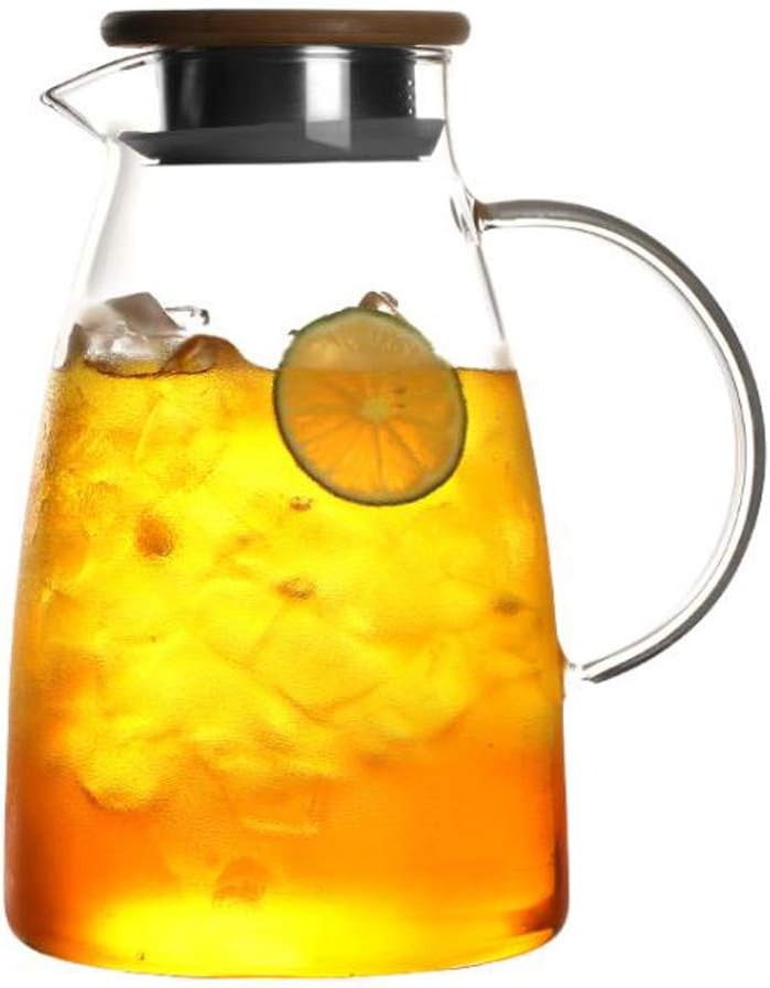 0.5 Gallon/68 oz Glass Carafes Pitcher with Lid BPA-FREE Mix Drinks Water Jug for Hot/Cold Lemonade Juice Beverage Jar Ice Tea Kettle (68oz Bamboo Lid)