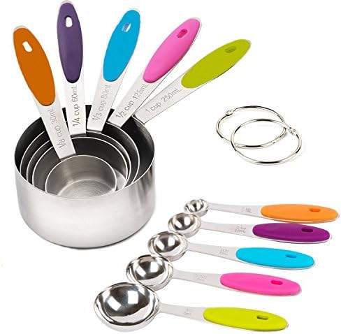 Docik 10 Piece Measuring Cups and Spoons Set, Premium Stainless Steel, Easy Grip Anti-Slip Silicone Handles, Engraved Measurement Kitchen Tools