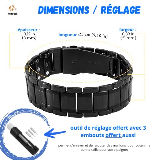 Bracelet Magnetique Homme PREMIUM, Titane, Le Plus Puissant du marché, Bijou Aimanté Inoxydable, Ultra Résistant, 60 Aimants en Néodyme de Terre Rare, Outil de Dimensionnement, WINFOX777
