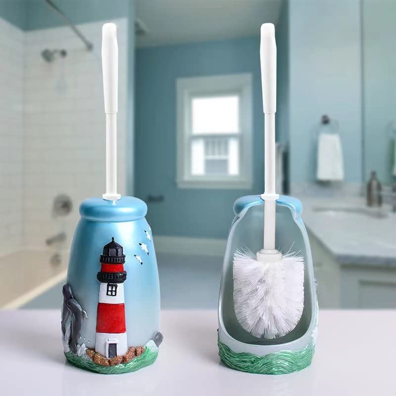 JIUJ Compact Toilet Brush Bathroom Novelty Toilet Brush Holder Cartoon lighthouse Resin Toilet Scrubber Set, Blue