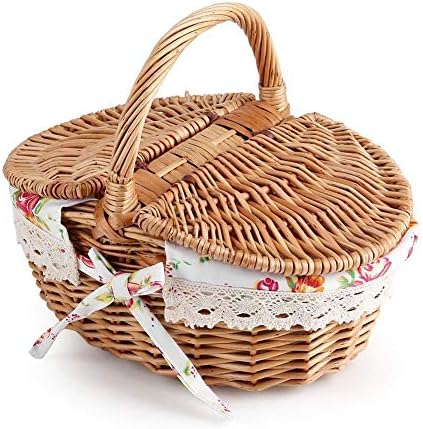 topincin Picnic Basket Belly Storage Basket Straw Basket Handmade Wicker Storage Bag Wooden Color Storage Basket with Lid