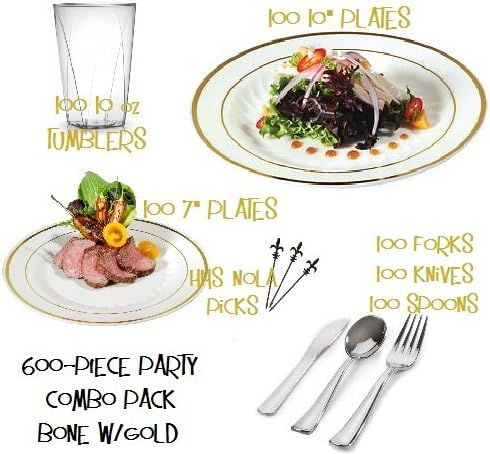 Party Combo Pack-600 Pieces, Premium Plastic Bone/Gold China Plates, Silver Cutlery and Tumblers w/Bonus NOLA Picks - SERVES 100 - INCLUDES 10" Plates, 7" Plates, Forks, Knives, Spoons, 10 oz Tumblers