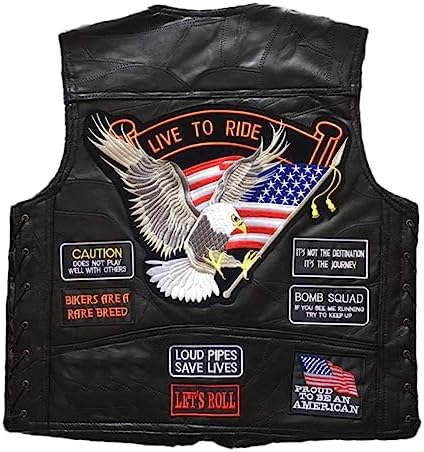 Men's Motorcycle Leather Vest American Flag Eagle Embroidered PU