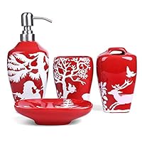 FORLONG FL3017 Ceramic Bathroom Accessories Set of 4:1 Tumbler,1 Toothbrush Holders,1 Soap Dishes,1 Soap Dispenser（Christmas Tree）