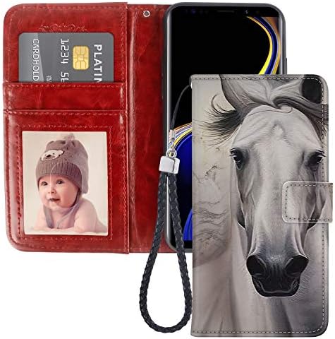 White Horse Samsung Galaxy Note 9 Case PU Leather Wristlet Folio TPU Stand Case with Card Slots Magnetic Closure Wrist Strap for Samsung Galaxy Note 9 Wallet Case White Horse