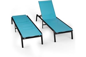 WOAJNQO Aluminum Chaise Foldable Patio Lounge Chair Outdoor, Metal Deck Lounger Adjustable 5-Position Recliner Pool Chase Breathable Full Flat Outside Sun Tanning Chairs for Beach/Poolside/Lawn(Blue, 2 Pack)