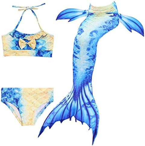 TMCO 3PCS Girl Swimsuit Colorful Mermaid Bikini Swimwear (Yellow and Blue, 150CM/9-10Years)