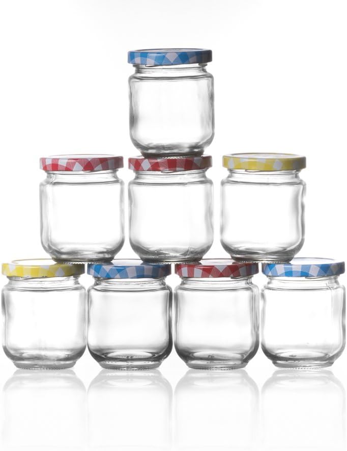 Godskitchen 200 ML (Set of 8) - Mason Jars with Colorful Lids, Regular Mouth, Dishwasher Safe, BPA Free