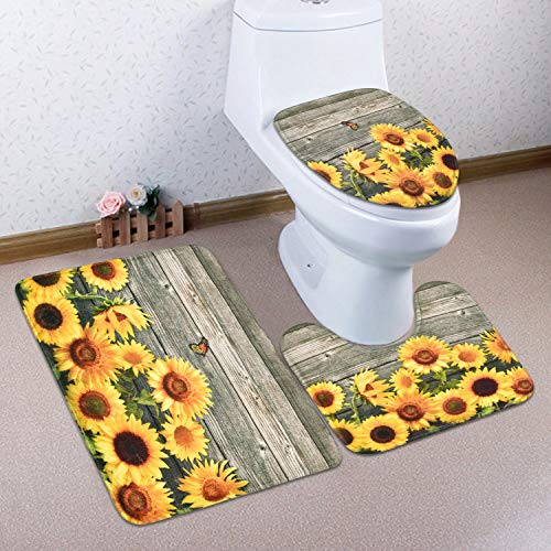 4 Pcs Sunflower Shower Curtain Sets with NonSlip Rug, Toilet Lid Cover and Bath Mat Wooden