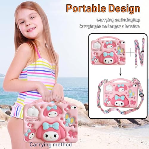 For Case Compatible with iPad (A16) 11th/10th Generation (2025/2022), Shockproof Cartoon Silicone Melody Cover with Handle Stand, Shoulder Strap (iPad (A16) 11th/10th Generation)