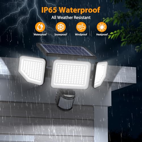 Onforu 4500LM Solar Lights Outdoor, 3 Heads Security Lights with Remote Control, IP65 Waterproof Motion Sensor Lights, 3 Modes Flood Lights for Wall, Porch, Yard, Outside (2, Black)