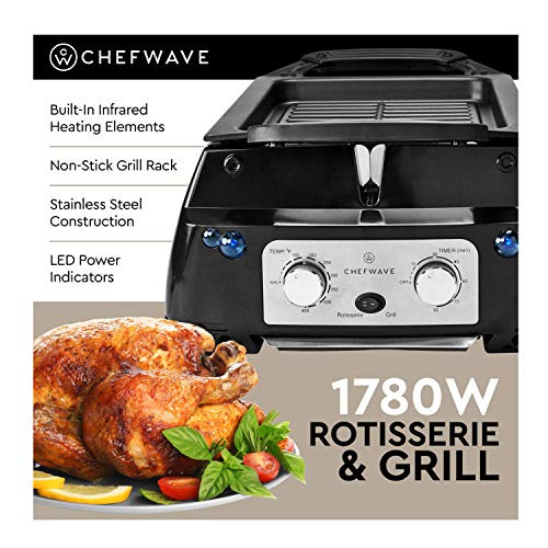 ChefWave Smokeless Indoor Electric Grill & Rotisserie - 5 in 1 Non-Stick Tabletop Kitchen BBQ Grill with Infrared Technology - Includes Kebab & Skewer Set, Fries Basket & Fish Cage, Drip Tray - Thumbnail 3