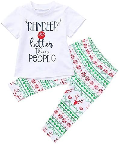 Little Kids Christmas Pajamas Sets,Jchen(TM) Toddler Baby Boys Girls Christmas Short Sleeve Letter Print Tops Pants Outfit for 0-4 Y (Age: 12-18 Months)