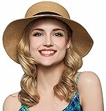JOSENI Women Floppy Sun Beach Straw Hats Wide Brim Packable Summer Cap (Khaki)