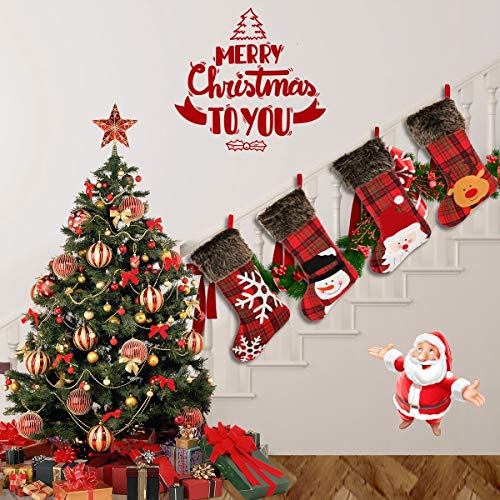 Aitbay Christmas Stockings, 4 Pack 18" Big Xmas Stockings, Burlap Plaid Style with Snowflake Santa Snowman Reindeer and Plush Faux Fur Cuff Family Pack Stockings for Xmas Holiday Party Decor