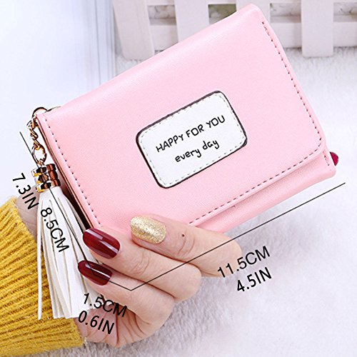 Girls' Lovely Student Short Wallet, PU Leather Coin Purse Pink wallet,Fringed Seventy Percent off, Small fresh Blue color Credit Card Holder(2 Pack,Pink purse&Blue Card Bag
