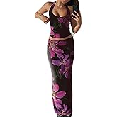 ksotutm Two Piece Sets for Women Maxi Skirt Set Printed Halter Top and Maxi Skirt Going Out Outfits
