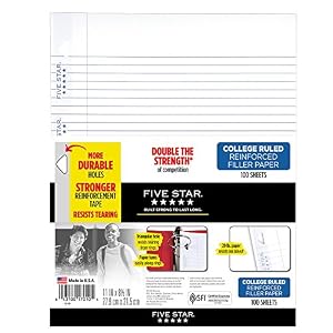 Image of Five Star Loose Leaf Paper, 3 Hole Punched, Reinforced Filler Paper, College Ruled, 11" x 8-1/2", 100 Sheets/Pack, 1 Pack (17010)
