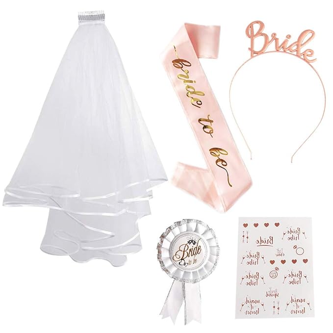 SPECOOL Bride to Be Rose Gold JGA deko Accessoires Schärpe weißer Schleier mit Kamm Krone Haarreif Tattoos für Den Junggesell