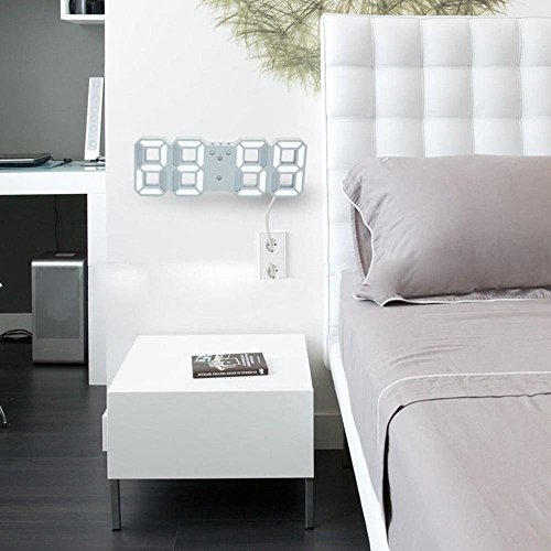 LED Digital Alarm Clock For Desk / Shelf / Tabletop, Modern Home Decoration 3D Wall Clock, Easy To Read at Night, Loud Alarm and Snooze, Big Digit Display (White Frame, White Light)