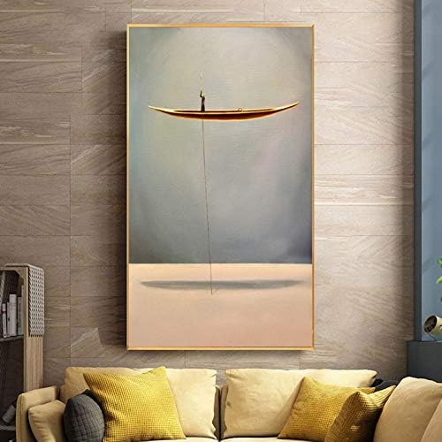 Golden Boat Abstract Creative Lonely Thinker Canvas Painting Posters and Prints Wall Art Pictures for Living Room Cuadros Decor 70x120cm No Frame NP147
