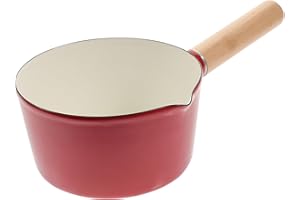 Milisten Red Enamel Saucepan 1000ml with Wooden Handle Thickened Small Milk Pot for Food Heating