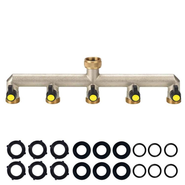 YAAVAAW Brass Garden Outside Tap Splitter 5 Way Hose Manifold,3/4'' Tap Diverter Adapter Hose Pipe Tap Outdoor,Multi Tap Connector,Faucet Splitter,Hose Bib Splitter,5 Way Diverter w/ On/Off Valves