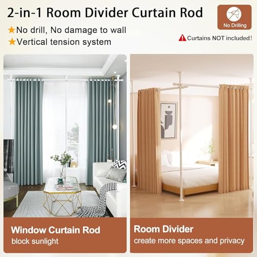 Dsocool Room Divider No Drilling Curtain Rod Wall Divider for Room Separation, 122-305cm(H) 70-290cm(W) Adjustable, Heavy Duty Partition Space Separator Freestanding Tension Curtain Stand, White
