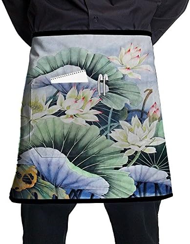 Lotus Wallpaper Pattern Stylist Waist Chef Apron With Pockets, Restaurant Short Bistro Family Half Aprons For Men Women, 21.3 X 17.7 Inches, Black