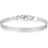 ECHZI 14K Gold Plated 925 Sterling Silver Mesh Chain Bracelet - Elegant Embossing Pattern, Sparkling Hand Jewelry for Women