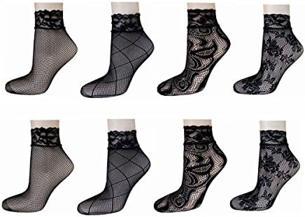 8 Pairs Women's Lace Fishnet Ankle Socks Stylish Black &amp; Hollow Out Girls Dress