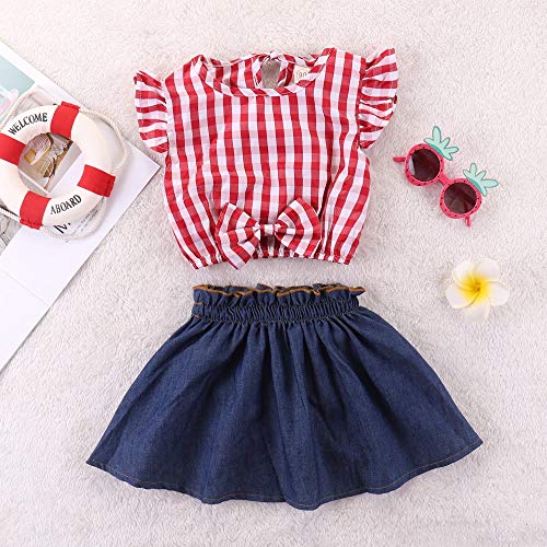 2Pcs Toddler Baby Girls Plaid Striped Bowknot Shirt Top+Ruffles Denim Skirt Summer Dress Set (Red, 2-3Years)