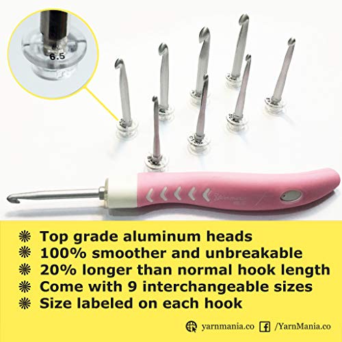 [2nd Gen] Yarn Mania Aiyana Crochet Hooks | Light Up Crochet Hooks with 9 Sizes Interchangeable Aluminum Heads | Ergonomic Curve Shape, Soft Handle and Two Brightness Settings (Light Pink) - Thumbnail 4