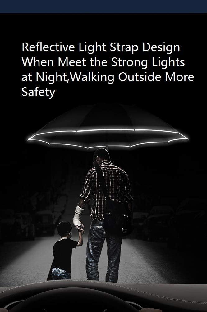 10 Ribs Inverted Folding Umbrella Windproof Travel Portable Reverse Umbrella with Reflective Stripe Auto Open and Close for Women Men Travel Outdoor (Black) - Image 3