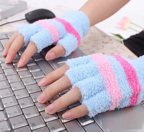 Eforstore Fingerless Gloves USB 2.0 Heated Stripe Design Winter Warm Plush Laptop Mittens Hand Warmer for Women Teen Girls